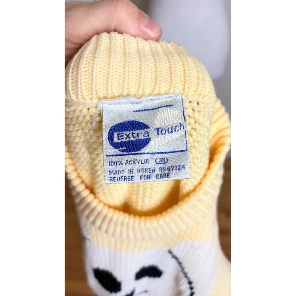 90s Vintage Butter Yellow Teddy Bear Chunky Knit Sweater Size Medium Kawaii Y2K